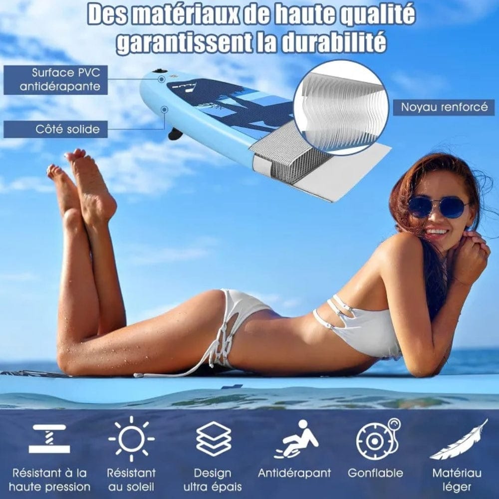 Paddle Gonflable Bleu Clair – Kit Complet de Stand Up Paddle (305 cm x 76 cm x 16 cm) 1 personne (Max 115kg.) Set de Stand Up Paddle