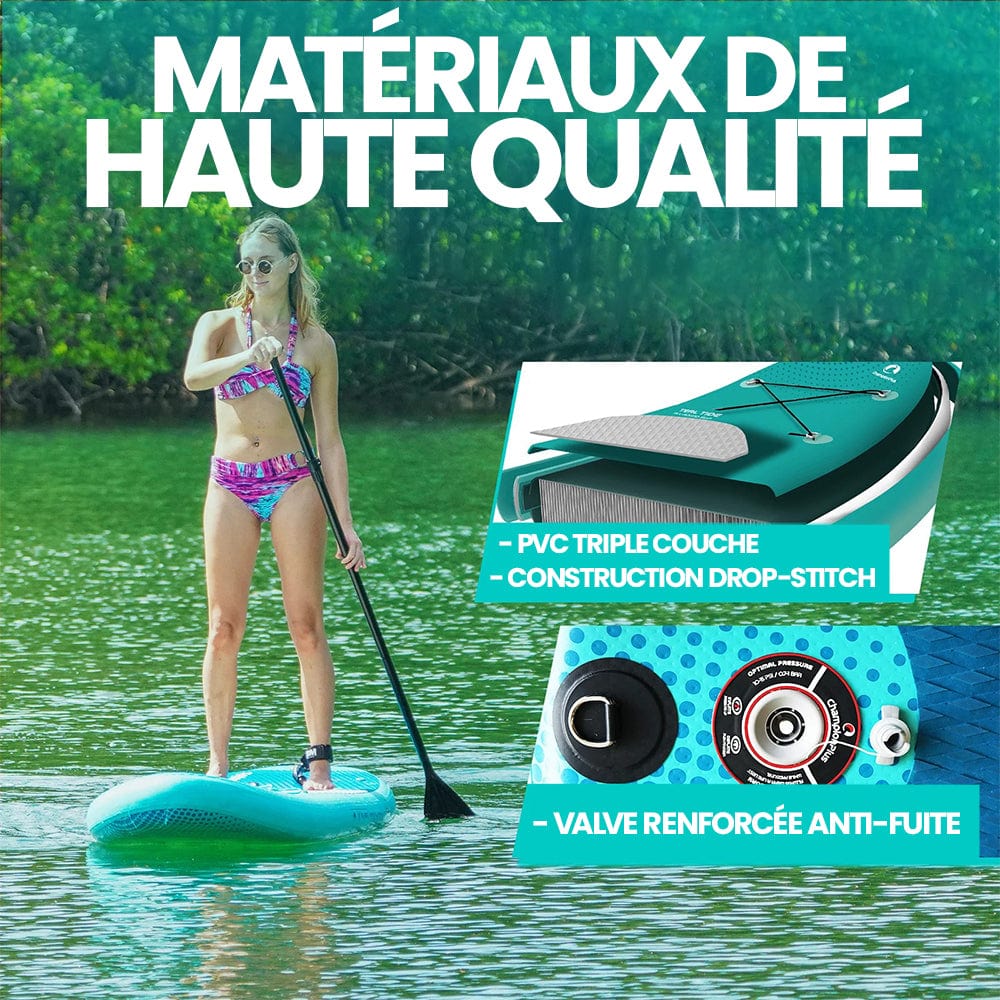 Paddle Gonflable Bleu Turquoise – Kit Complet de Stand Up Paddle (305 cm x 76 cm x 16 cm) 2 personnes (Max 140kg.) Set de Stand Up Paddle